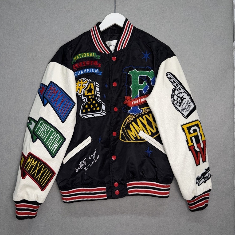 First Row Varsity Jacket Men's Size XL Multicolor Snap Bull Dog Faux Leather Mix